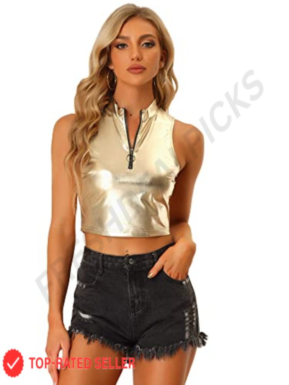 Metallic Holographic Sleeveless Zip Up Crop Tank Top for Party Club Cosplay